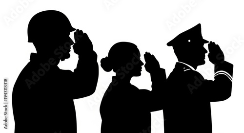 Military Personnel Silhouettes Saluting Together.
