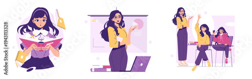 Illustrations of Women Reading, Presenting, Engaging in Class