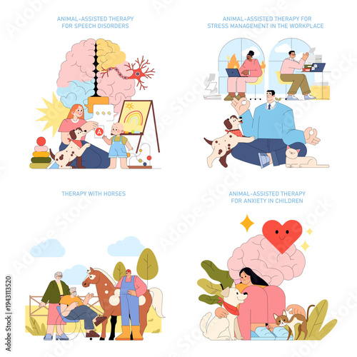 Animal-Assisted Therapy in Various Settings Vector Illustration