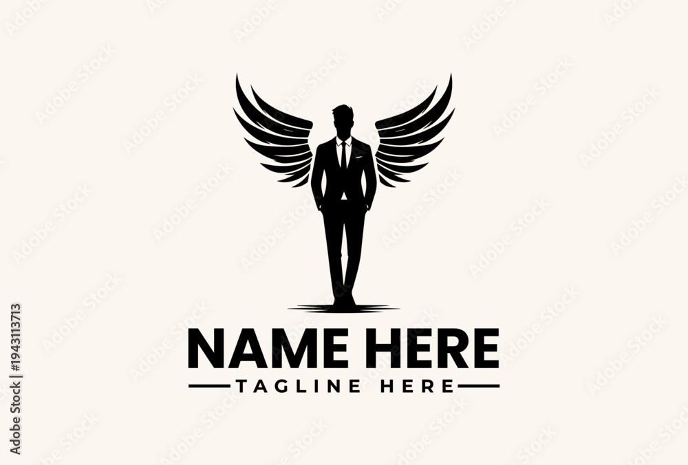 Naklejka premium A minimalist vector illustration of a suited man with large wings, standing confidently with hands in pockets on a clean white background, featuring a placeholder logo and tagline in a