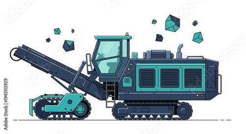 Modern Crusher Machine Industrial Illustration In Teal And Dark Blue Tones