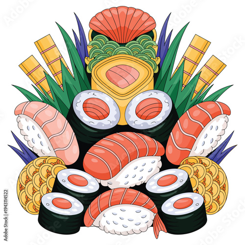 Elaborate sushi platter featuring salmon nigiri and maki rolls, adorned with decorative bamboo and seashell elements, black background