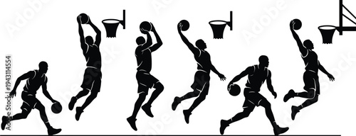 Basketball dunk sequence silhouettes illustration player dribbling jumping mid‑air slam athletic sports concept, flat vector illustration