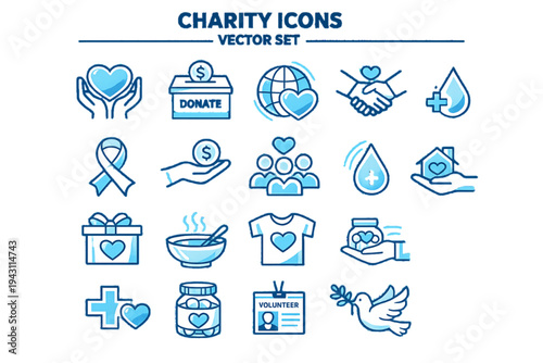 Charity Icons Vector Set – Modern Blue Outline Design