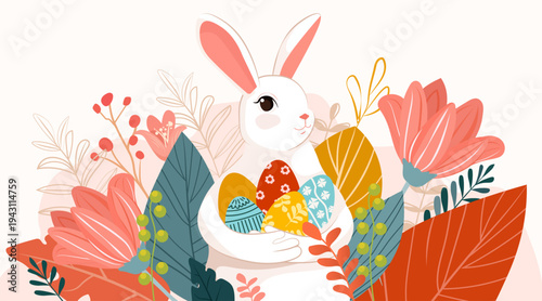 Easter bunny holding decorated eggs surrounded by colorful spring flowers and leaves pastel palette holiday celebration nature elements