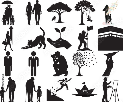 Collection of diverse black silhouettes depicting people nature and activities