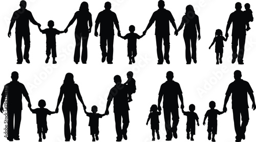 Family silhouettes set, parents with children walking, happy family lifestyle, father mother kids silhouettes, parenting love care concept
