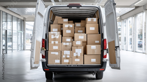 Looking into Back of Delivery Van Fully Stocked Organized Cardboard Parcels Packages

