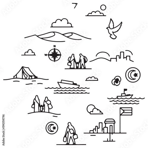 Collection of refugee and migration line art icons depicting families traveling, seeking asylum, and living in temporary camps, representing global displacement and humanitarian aid themes.