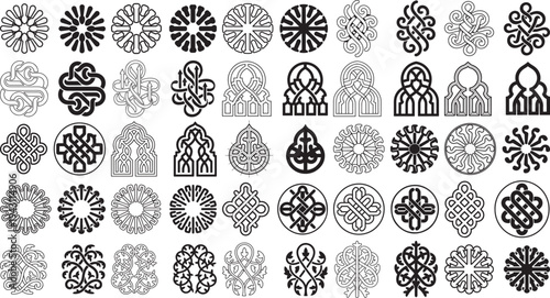 Collection of intricate black and white islamic geometric patterns and arabesques for design and decoration