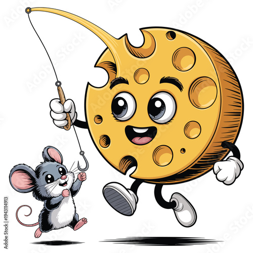 Happy mouse chases cheese bait on fishing rod, comical scene, anthropomorphic cheese character, fun and playful food concept