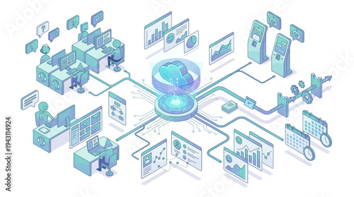Isometric SaaS Cloud Platform Network Connecting Business Operations, Data Analytics, Remote Teams and Digital Infrastructure in Modern Tech Ecosystem