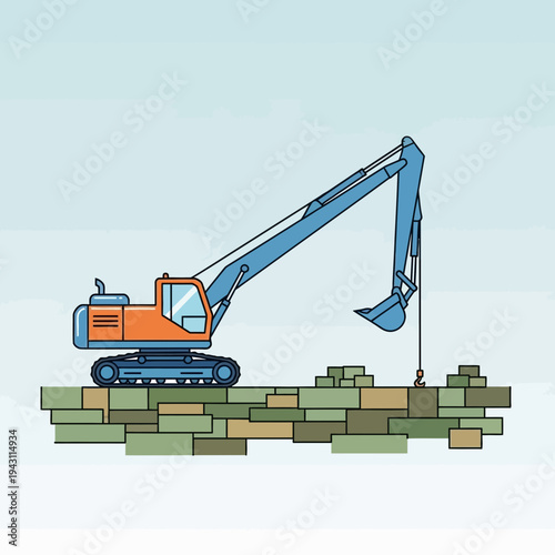 Modern Excavator Machine Working on Construction Site Building Foundation