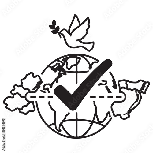 Hand-drawn global peace and sustainability icon featuring a world globe, a flying dove with an olive branch, and a bold checkmark symbolizing international harmony and environmental success.