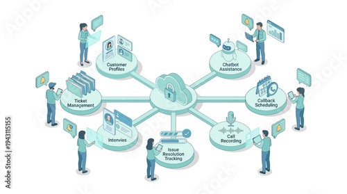 Isometric SaaS Customer Support Platform with Cloud Security, AI Chatbot, Ticket Management, and CRM Integration for Business Technology Solutions