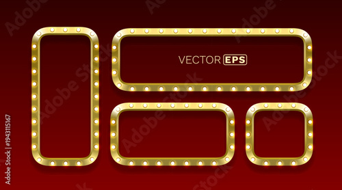 Set of golden retro light bulb frames on a dark red background. Perfect for vintage signs, banners, or promotions.