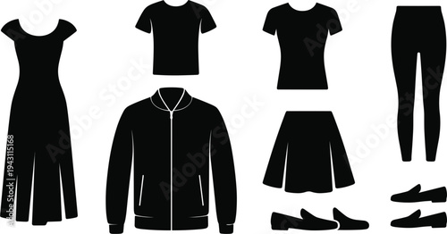 Black Silhouette Icons of Women's and Men's Clothing and Footwear clothes dress