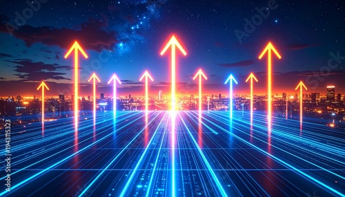 Futuristic Cityscape with Upward Glowing Arrows and Data Stream Concept High Tech Growth Innovation.