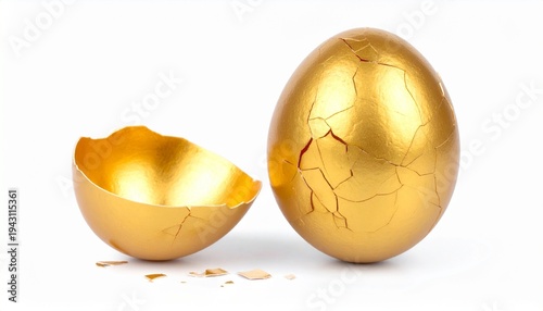 Golden Egg Cracked Open Symbolizing Opportunity and New Beginnings on a White Background.