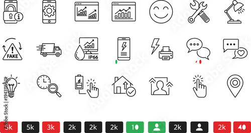Modern line interface icons set, mobile app UI symbols, technology communication tools analytics delivery settings vector outline icons pack