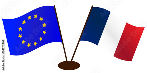Developing flags of the European Union and France, standing on the same stand