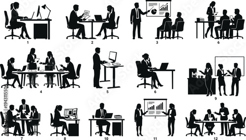 Black office silhouettes showing meetings, teamwork, collaboration, presentations, computer work, professional communication, workplace culture, business environment flat vector illustration
