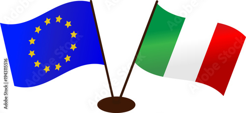 Developing flags of the Italian Republic (Italy) and the flag of the European Union (Flag of the EU) on a stand