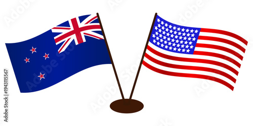 Developing flags of New Zealand and the United States of America (USA) standing on the same stand