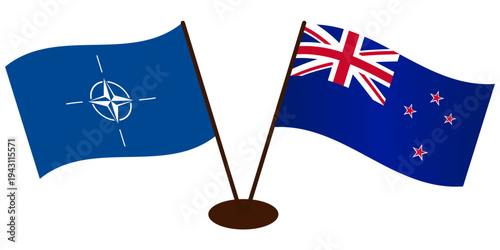 Developing flags of New Zealand and NATO standing on the same stand