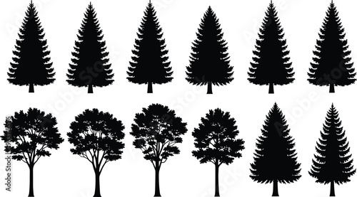 Tree silhouettes set, pine and forest trees collection, nature landscape elements, botanical shapes, outdoor environment vector illustration pack

Keywords (all in one line with commas