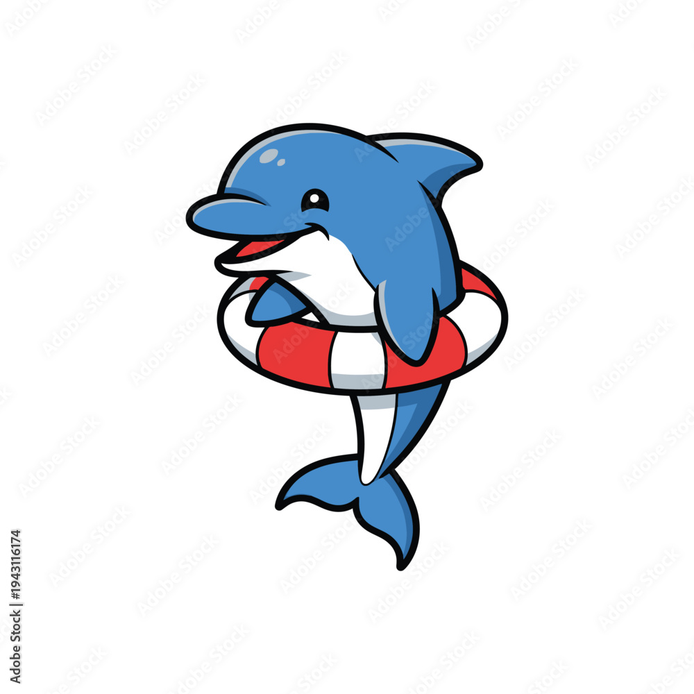Naklejka premium Cartoon Blue Dolphin Wearing Lifebuoy Ring.
