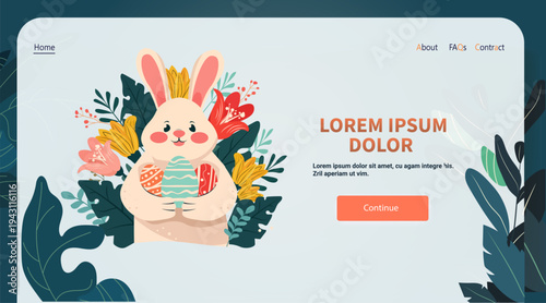 Easter bunny holding decorated eggs surrounded by colorful flowers pastel foliage website landing page template