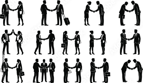 Business professionals silhouettes greeting, handshake, bowing, high five, teamwork, collaboration, communication, office culture, corporate respect, partnership, success, flat vector illustration