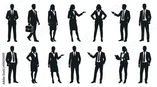 Business professionals silhouettes illustration corporate attire men women office diversity communication concept, flat vector illustration