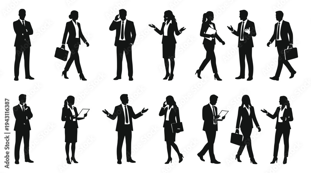 Fototapeta premium Business professionals silhouettes, office workers, teamwork, communication, leadership, collaboration, mobile phone, 