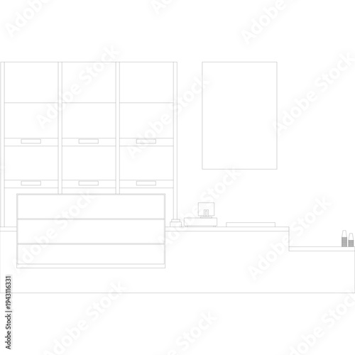 Contemporary office reception CAD drawing showcasing a sleek counter and storage units, ideal for architectural visualization