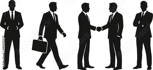 Business silhouettes illustration men handshake briefcase professional interaction corporate behavior concept, flat vector illustration