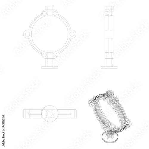 Detailed CAD drawing showcasing multiple orthogonal views and a 3D wireframe render of a sophisticated circular object design