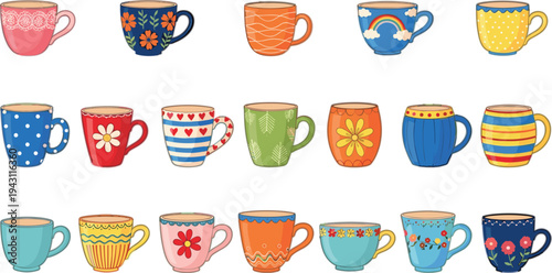Colorful Decorative Coffee and Tea Cups Vector Set with Floral Pattern Polka Dot Stripes and Hand Drawn Mug Collection