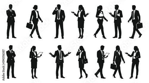 Business professionals silhouettes, office workers, teamwork, communication, leadership, collaboration, mobile phone, 