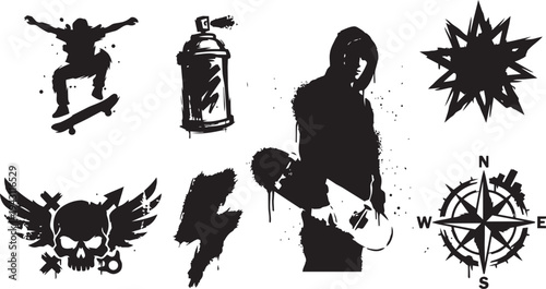 Set of urban street art and skateboard culture elements. Vector black skater silhouettes, spray can, winged skull, and grunge icons collection.