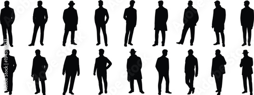 Collection of Male Silhouettes in Various Poses and Attire on White Background person people
