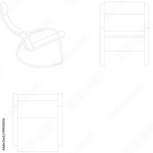 Detailed CAD drawing of a contemporary rocking lounge chair design, showcasing its ergonomic form from multiple angles