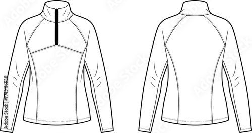 Athletic Quarter Zip Jacket CAD Drawing Flat Vector Illustration, Front and Back Technical Fashion Template Sport Activewear Top