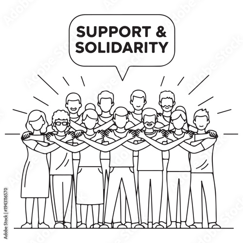 Diverse Group of People Linking Arms in a Chain of Support and Solidarity, Minimalist Line Art Illustration Representing Community Strength, Social Justice, and Collective Unity.