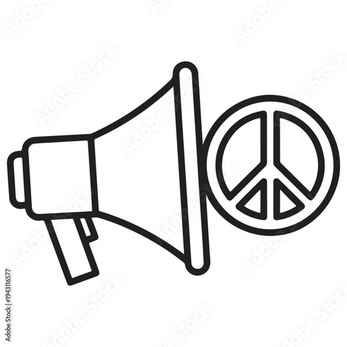Megaphone and peace symbol icon broadcasting a message of non-violence and global harmony, representing social activism, anti-war protests, and human rights advocacy in a clean line art style.