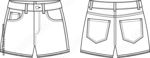 Denim Shorts CAD Drawing Flat Vector Illustration, Front and Back Technical Fashion Template Casual Jeans Short Design