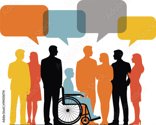 Diverse people conversation silhouettes with speech bubbles, inclusive communication and social discussion concept, wheelchair accessibility representation, flat vector illustration