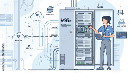 Cloud computing data center with server racks, technician, network connectivity, storage, compute, security, backup, infrastructure management, modern technology, flat vector illustration
