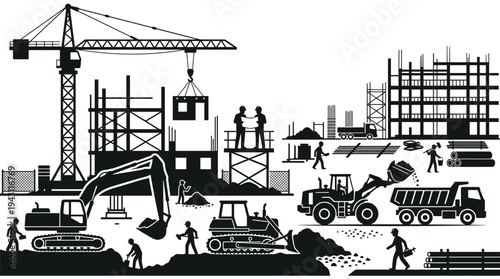 Construction site with crane, excavator, bulldozer, workers, teamwork, heavy machinery, building infrastructure, scaffolding, materials, planning, engineering, progress, flat vector illustration